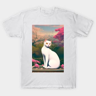 Anime White Cat Surrounded by Flowers. Tokyo Background. T-Shirt